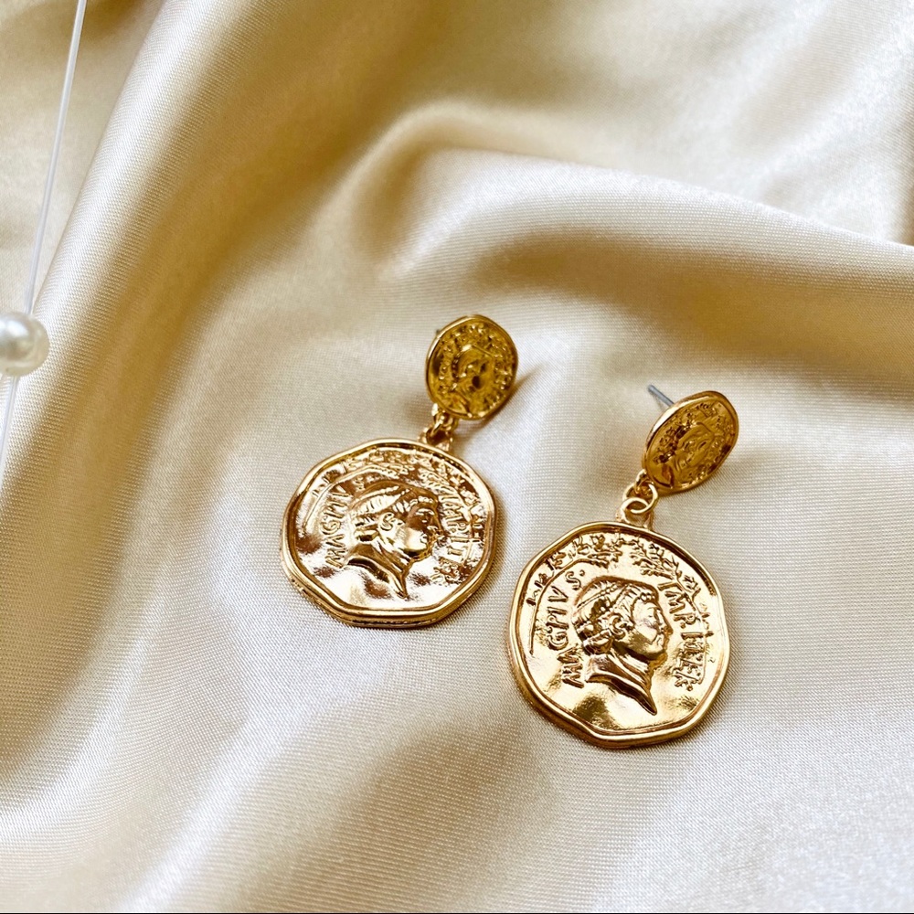 Golden Portraits Coins Statement Earrings